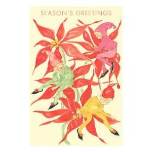  Seasons Greetings, Elves on Poinsettia Flowers Stretched 