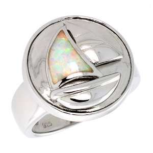 Sterling Silver, Synthetic Opal Inlay Sail Boat Ring, 11/16 (18 mm 