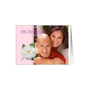   engagement party, white Camellia on pink background.photo frame. Card