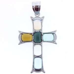 Pendants   Multi Quartz (Glass) Rectanlge Inlay Cross Silver Plated 