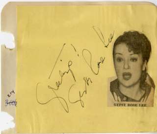 GYPSY ROSE LEE (BURLESQUE)   SIGNED AUTOGRAPH BOOK PAGE  