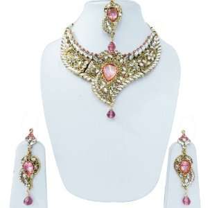   Necklace Earring Maang Tikka Set Indian Gold Tone Polki Jewelry Gift