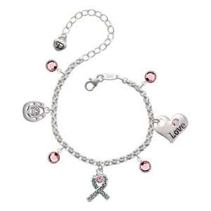 Silver Ribbon with Scrollwork & Pink Swarovski Crystal Love & Luck 