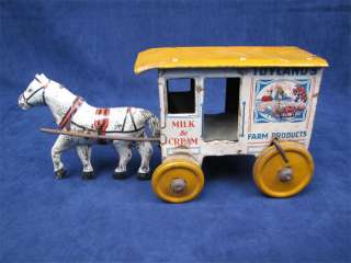 1930s Marx Tin Wind Up Toylands Horse Drawn Milk Wagon  