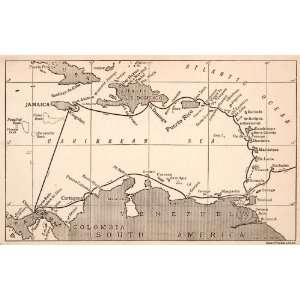  1925 Wood Engraving Caribbean Map Haiti Colombia Venezuela Jamaica 