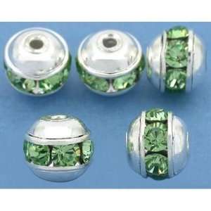  5 Green Swarovski Crystal Round Silver Plated Beads