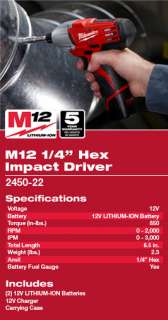 Milwaukee 2450 22 M12 LITHIUM ION Cordless 1/4 Hex Impact Driver with 