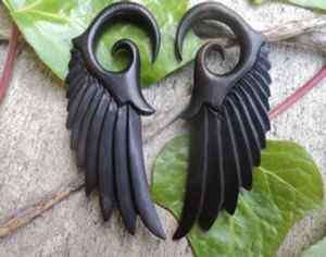 Pair Organic Angelic ANGEL WING Black Areng Wood Spiral Ear Expander 