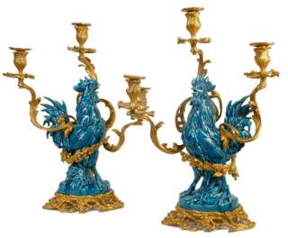 Pair Arson French Bronze Porcelain Rooster Candelabra  