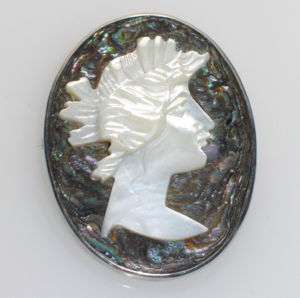 ANTIQUE MOTHER of PEARL / ABALONE CAMEO STERLING BROOCH  