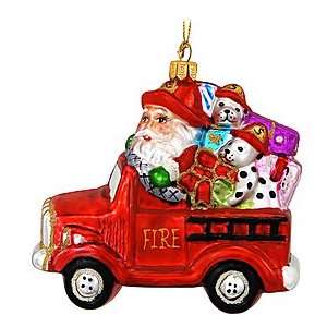  Fire Truck with Santa Glass Ornament