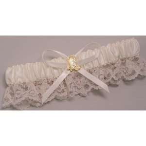  Satin and Lace Garter with Gold Boots Charm, Ivory Arts 
