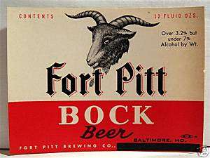 Fort Pitt Bock Beer Bottle Label Fort Pitt Baltimore Md  