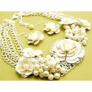  and Beautiful Flower and Pearl 6 Stranded Bib Necklace and Flower 