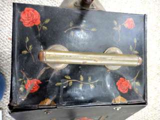 1880 antique TOLE PAINT COAL SCUTTLE w/SHOVEL hod ROSES  