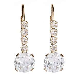   Gold Round Cubic Zirconia w/ Three Stone Accent Leverback Earrings