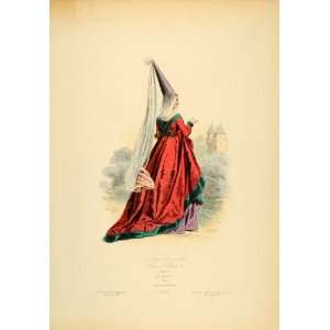  1870 Engraving French Medieval Costume Lady Headdress 