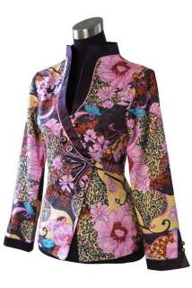 pink&blue flower Chinese silk embroider Womens jacket /coat szS M L 