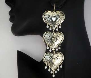 Pretty gold tone long filigree triple heart drop earrings 12cm  