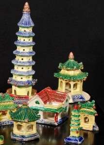 17 Chinese Clay Miniature Bears Pagodas Bridges Homes  