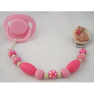  Baby Pink Wooden Teddy Bear Pacifier Clip Baby
