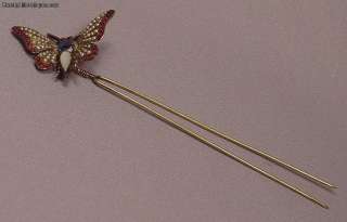   Antique Faux Ruby, Sapphire, Pearl Trembler Butterfly Pin 5 Inches