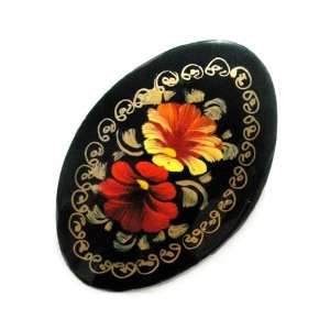  GreatRussianGifts Red Orange Flowers Oval Lacquer Broach 