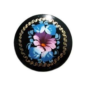  GreatRussianGifts Purple Flower Round Lacquer Broach