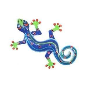   Handmade Eight Inch Blue Green Metal Gecko from Haiti 