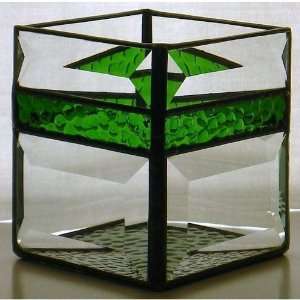   Candle Holder stained glass clear green bevels 4 sided