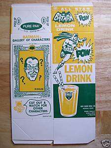 1966 Batman Lemon Drink Carton w/Riddler Card Elm Farm  