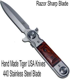 Spring Assisted Opening Stiletto Pocket Knife   Red Wood Handle