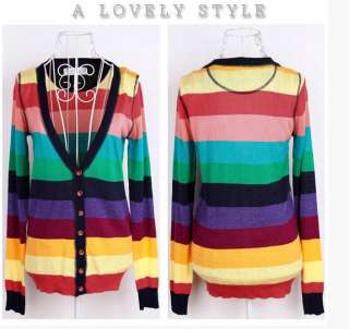   Rainbow Colored stripes All match Knitted Thin Cardigan 8/10  