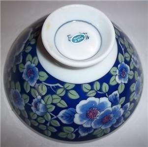 Vintage Porcelain Rice Bowl Blue Apple Blossom Green Leaf Oval JAPAN 