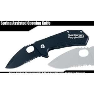  Black Spring Assisted Drop Point Serrated Folder Knife 