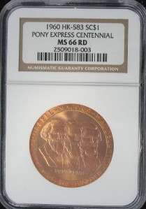 1960 Pony Express Founders Centennial Medal HK 583 NGC MS 66 RD So 