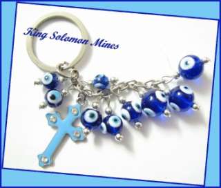 NEW EVIL EYE KEY CHAIN BLUE BEADS & CROSS FROM ISRAEL HAND MADE 