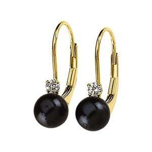    14K Yellow Gold Diamond Black Pearl Leverback Earrings Jewelry