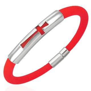 Red Rubber Bracelet with Stainless Steel Cross 7.5 Inch  