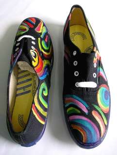 BLACK TENNIS SHOES ARTIST HAND PAINTED 9.5 ALL OVER FUN  
