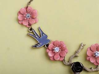  Enamel Japanese Cherry Blossom Branch Jet Black Sparrow Birds Necklace