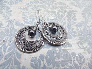   Silver Bohemian Circle Swarovski Tahitian Black Pearl Earrings  