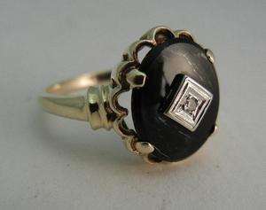 Antique 10K Gold Black Onyx Diamond Ladies Ring Sz 5.75  