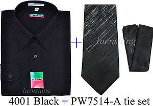 Mens Black Shirt & Black Poly Woven neck tie & hankie set 19 34/35 