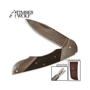  Timber Wolf Damascus Filework Folder with Leather Sheath 