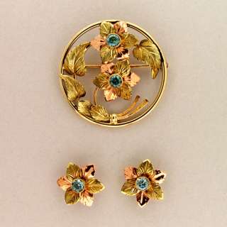 14K PINK AND GREEN HAND ENGRAVED GOLD 1935 BLUE ZIRCON PIN & EARRING 