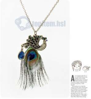 New Fashion Nice Gorgeous Blue Eyes Peacock Long Feather Necklace 