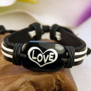 Nice Ox Bone Carved LOVE Heart Leather Hemp Cuff Bracelet Bangle Free 