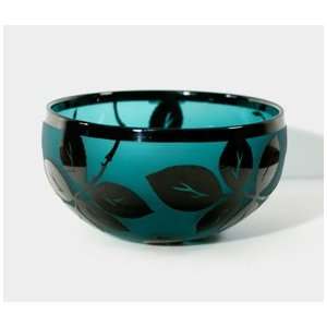  Correia Designer Art Glass, Bowl Emerald/Black Leaves 