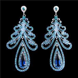 Leaf Teardrop chandelier Earring Blue Swarovski Crystal  